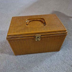 Vintage Wil-hold Sewing Box - Harvest Gold Basket Style WITH ITEMS INSIDE